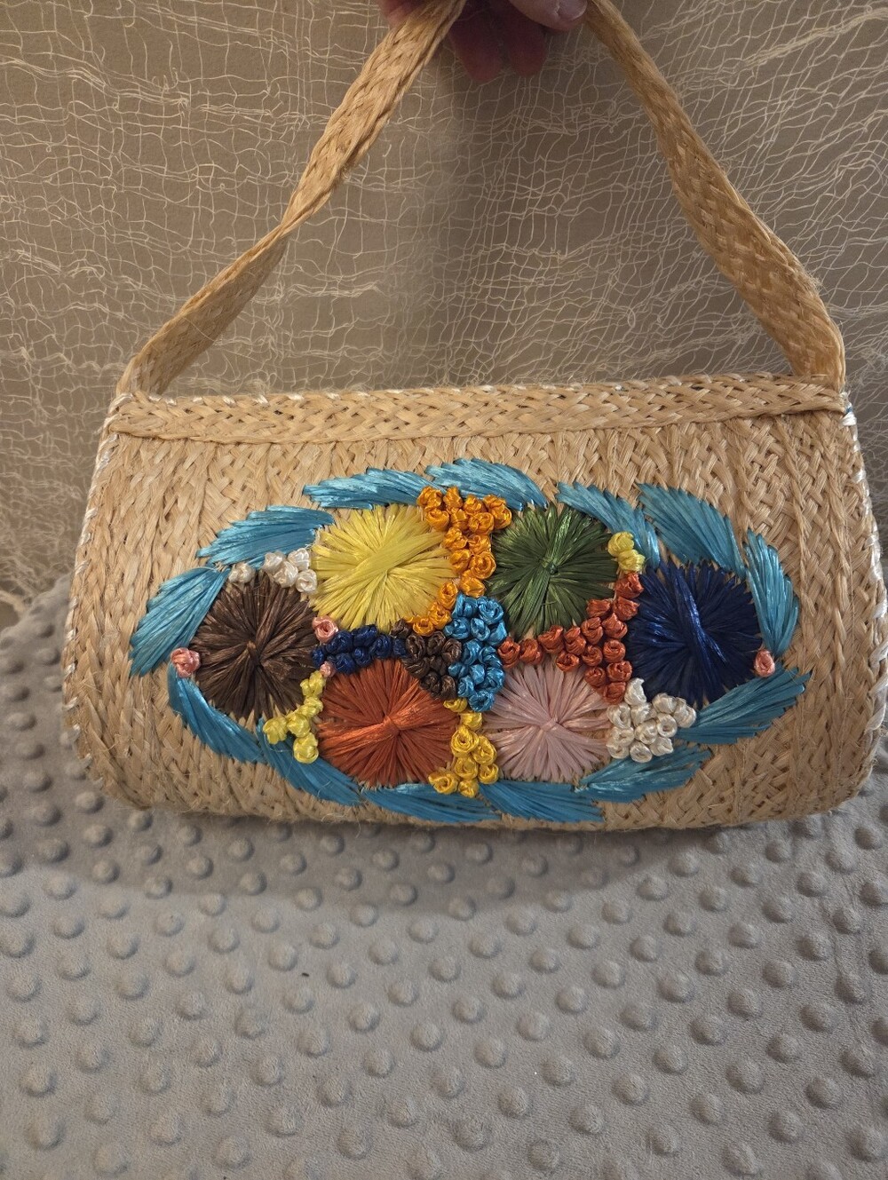 Vintage 60s 70s Straw Raffia Embroidered Floral Handbag blue lined purse summer